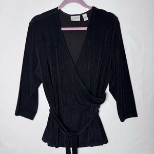 Chicos Travelers Faux Wrap Shirt Top Slinky Stretch Sz XL Black Belt 3/4 Slv 3